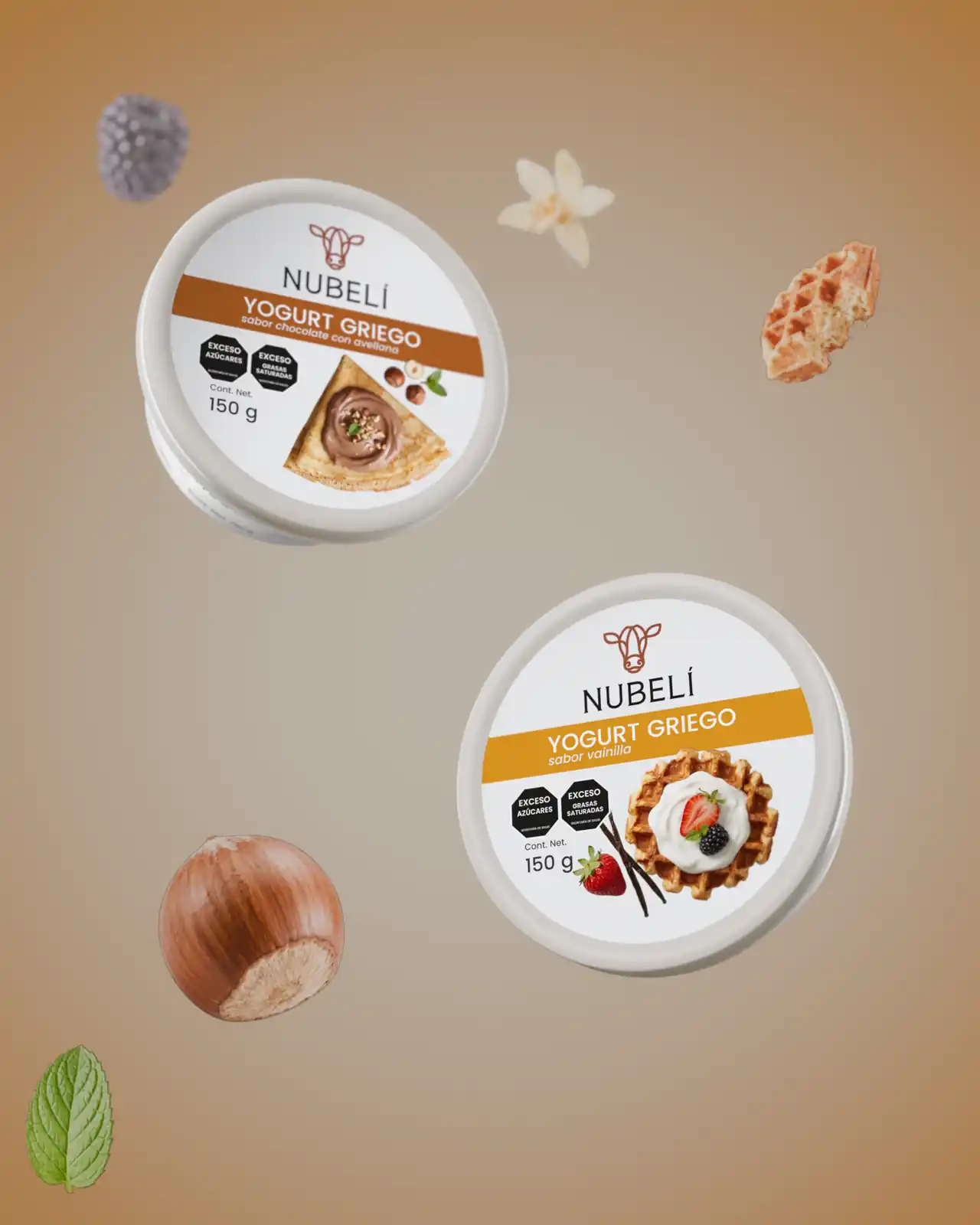 Botes de vainilla y chocolate con avellana flotando con wafle, flor de vainilla y avellanas